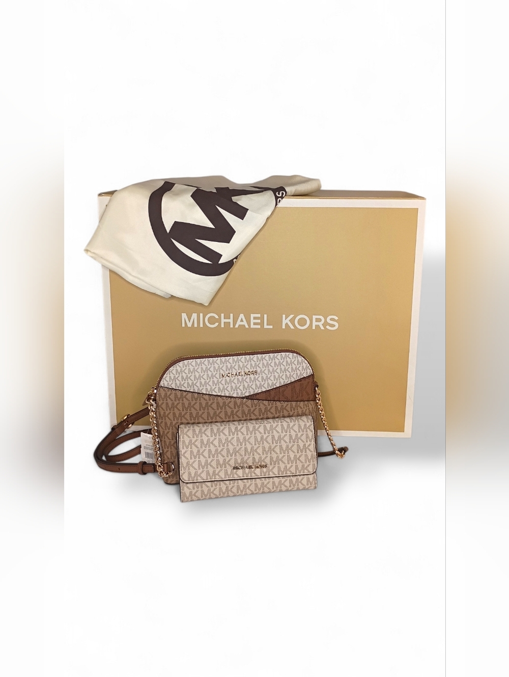 *NWT~ Michael Kors M Camel Mlt Color-Block Sig Logo Crsbdy Bag w/wallet-Jet Set